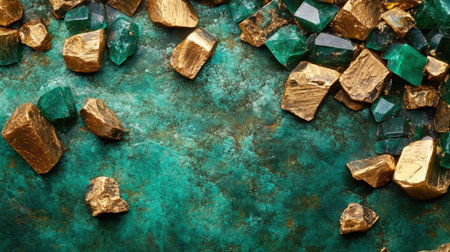 A close-up view of scattered gold and emerald stones, showcasing their natural beauty and value in a luxurious, textured background.の素材