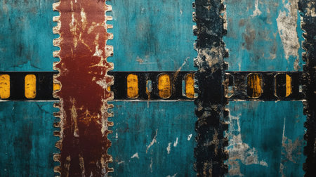 A distressed retro film texture overlay featuring grain, scratches, and faded colors, reminiscent of old cinema reels.の素材