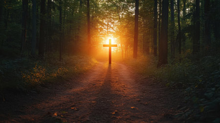A dramatic sunset casts light on a cross in the middle of a forest trail, evoking themes of faith, peace, and divine presence.の素材