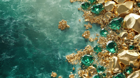 A luxurious background filled with gold nuggets and emerald gemstones, creating a stunning and elegant visual of precious metals and stones.の素材