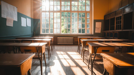 A quiet classroom with vintage wooden desks and chairs, sunlight softly lighting the space, evoking a nostalgic back-to-school feeling.の素材