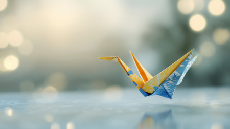 A folded yellow and blue origami crane delicately placed on a smooth white surface, standing as a symbol of hope and peaceの素材