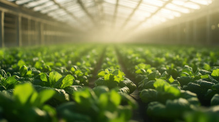 A modern industrial greenhouse filled with rows of green vegetables and plants growing under controlled conditions, showcasing large-scale agriculture.の素材