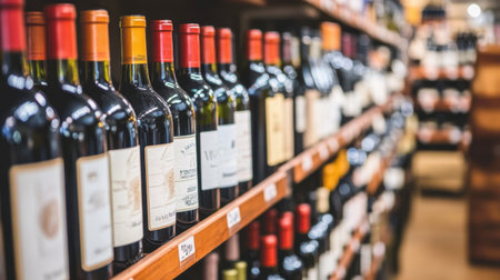Various wine bottles stacked on shelves in a wine store, highlighting an extensive collection of wines from around the world.の素材