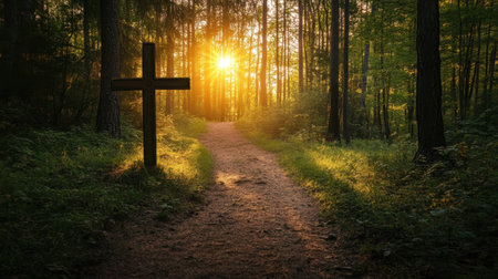 The silhouette of a cross set against a sunset-lit forest trail, creating a peaceful and spiritual atmosphere.の素材