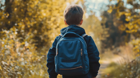 A young student with a backpack heads to school, captured in a moment of quiet determination, ready for the new school yearの素材