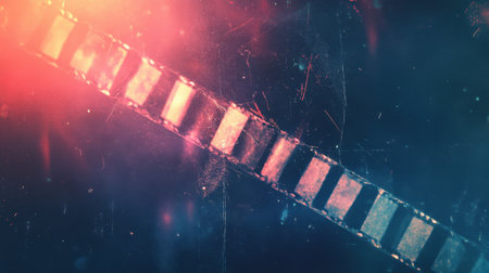 Faded film strip with visible scratches, light leaks, and a nostalgic grain effect for an authentic retro aestheticの素材