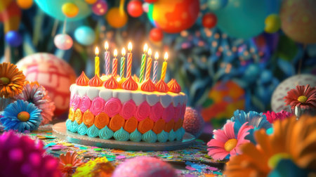 3D rendering of a birthday scene with cake, candles, and vibrant decorations, designed as a colorful wallpaper for all ages.の素材
