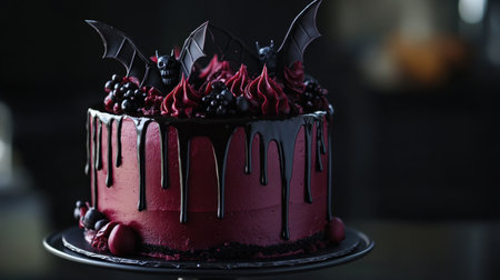 A creepy yet delicious Halloween cake with decorative bats, dripping dark icing, and eerie Halloween elements.の素材