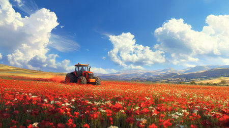 A countryside scene with a tractor plowing through vibrant red flowers, surrounded by blue skies and rolling hills during a bright spring day.の素材