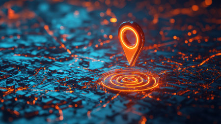 A detailed 3D directional symbol and location marker, floating over a digital map, representing the future of GPS and navigation technology.の素材