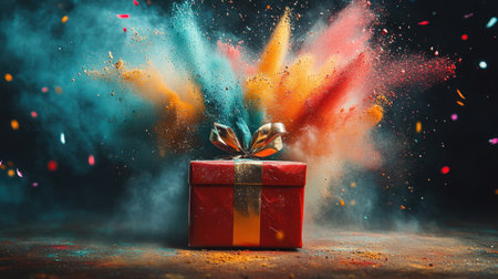 A dynamic image of a gift box exploding with vibrant powder in red, orange, teal, and yellow hues, creating a colorful and joyful celebration.の素材