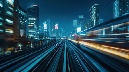 A fast-moving, modern train passing through a sci-fi city of the future, with gleaming towers and digital billboards lighting up the skyline.の素材