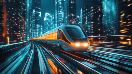 A futuristic cityscape with a high-speed train traveling through sleek, glowing buildings and advanced infrastructure, highlighting the future of transportation.の素材