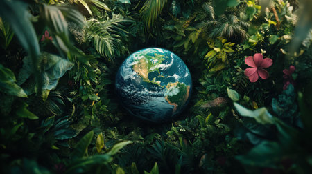 A flourishing depiction of Earth surrounded by greenery and thriving forests, showcasing environmental conservation and sustainability.の素材