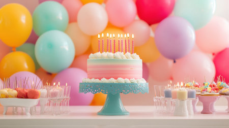 A lively birthday party setup featuring colorful balloons in the background and a central cake adorned with lit candles. Perfect for celebratory moments.の素材