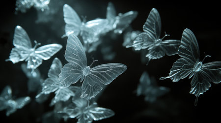 A group of plastic transparent butterflies gliding across a dark, shadowy background, creating a haunting yet beautiful visual effect.の素材