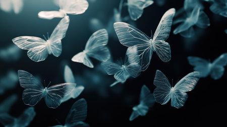 A surreal scene of transparent plastic butterflies flying in a dark void, their delicate wings shimmering in soft light.の素材