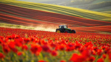 A tractor drives through vibrant red flower fields during spring on a sunny countryside day, showcasing the beauty of rural farming and nature in full bloom.の素材
