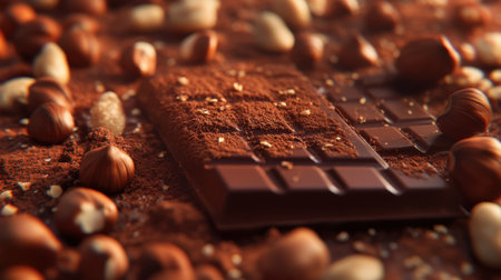 A warm and indulgent display of a chocolate bar surrounded by hazelnuts, with a fine dusting of cocoa creating a rich, luxurious scene.の素材