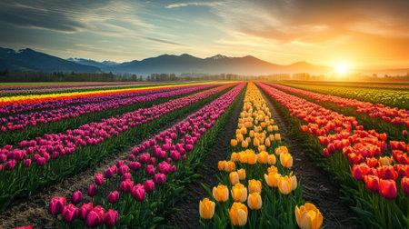 A vibrant rainbow of blooming tulip fields stretching across the horizon, bathed in sunlight during the day, creating a breathtaking rural landscape.の素材