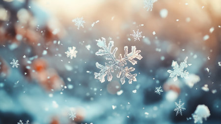 A winter wonderland background with detailed snowflakes falling against a softly blurred natural landscape, celebrating the beauty of the season.の素材