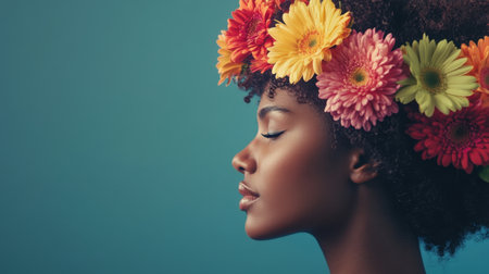 A woman profile with her hair adorned in vibrant flowers, embodying the concepts of mental health, self-care, and mindfulness.の素材