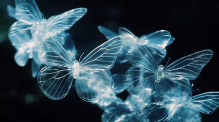 Delicate plastic transparent butterflies hovering against a dark background, catching light in their translucent wings.の素材