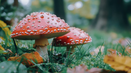 Close-up of adorable red mushrooms with spotted caps, surrounded by green grass and leaves in a forest setting.の素材