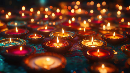 Colorful candles illuminating the night, arranged in intricate designs to celebrate Diwali, with glowing lights and decorative elements.の素材