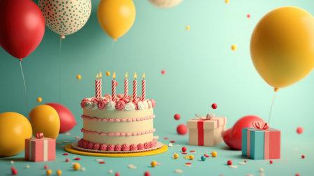 Greeting card-style 3D background with a birthday cake, balloons, and presents, in a bright and festive color paletteの素材