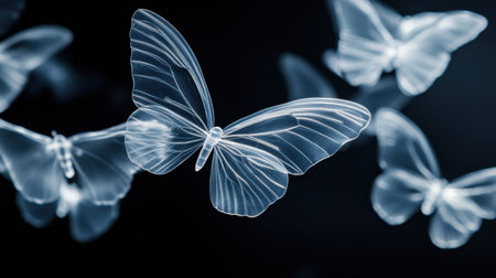 Delicate plastic transparent butterflies hovering against a dark background, catching light in their translucent wings.の素材
