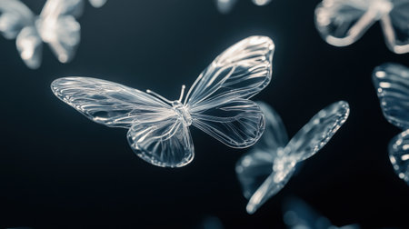 Delicate plastic transparent butterflies hovering against a dark background, catching light in their translucent wings.の素材