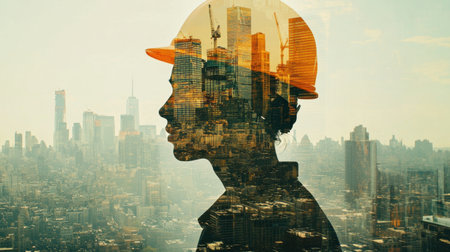 Double exposure of an engineer wearing a hard hat, with the city skyline and construction site superimposed, highlighting the relationship between workers and urban development.の素材
