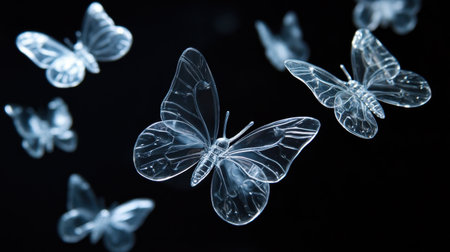 Delicate plastic transparent butterflies hovering against a dark background, catching light in their translucent wings.の素材