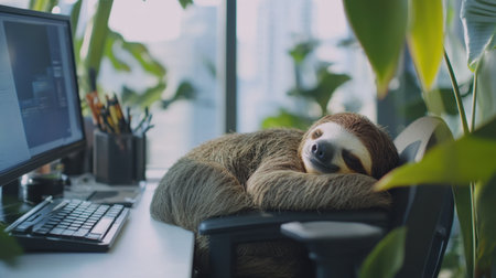 A chilled-out sloth is curled up, fast asleep in an office setting, embracing the essence of slow living and relaxed work culture.の素材