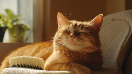 A happy ginger cat leaning against a brush during grooming, eyes shut in bliss, capturing a moment of relaxation and care.の素材