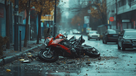 A wrecked motorbike after a street collision, highlighting the dangers of urban traffic accidents and road safety awarenessの素材