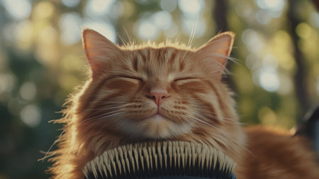 A happy ginger cat leaning against a brush during grooming, eyes shut in bliss, capturing a moment of relaxation and care.の素材