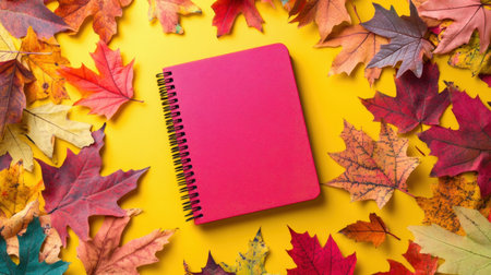 A red spiral notebook surrounded by colorful autumn leaves on a vibrant yellow background, symbolizing fall creativity and planningの素材