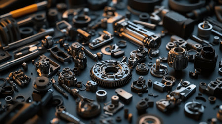 Close-up of assorted car parts and tools on a dark background, emphasizing the skill and precision of automotive repairs and mechanicsの素材