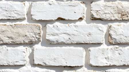 Detailed close-up of a weathered white-painted brick wall with rugged texture, ideal for urban and minimalist design. Concept of simplicity and raw aesthetics.の素材