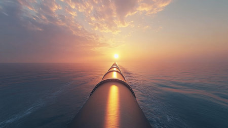 An oil pipeline reaching out into the ocean at sunset, representing the intersection of energy transport and environmental concerns.の素材
