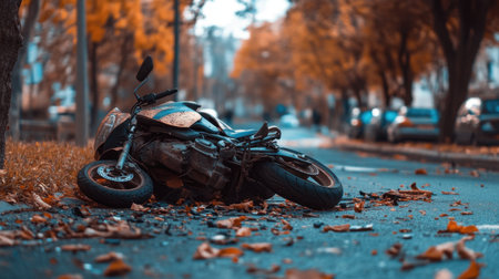 Damaged motorcycle on the asphalt after a road accident, highlighting personal injury, traffic safety, and insurance claims in the aftermath of a crashの素材