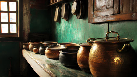 Elegant copper pots with brass handles glistening in a kitchen setting, highlighting traditional culinary tools and craftsmanship.の素材