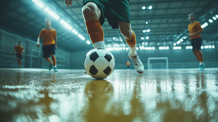 Futsal player dribbles a ball on an indoor court, emphasizing the fast-paced action of youth indoor soccer. Background of futsal floor and players.の素材