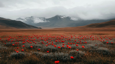 Poppy flowers stretching across a peaceful field, capturing the beauty of nature and the significance of Remembrance Day for Anzacの素材