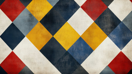 Textured diamond tile design with a retro color palette of red, yellow, blue, and white. Concept of vintage aesthetics and abstract geometric backgrounds.の素材