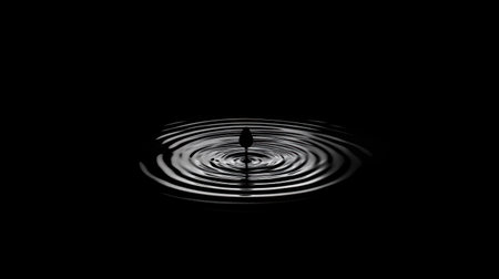 Single water droplet causes ripple effect on a dark water surface, showing fluid motion and minimalism.の素材