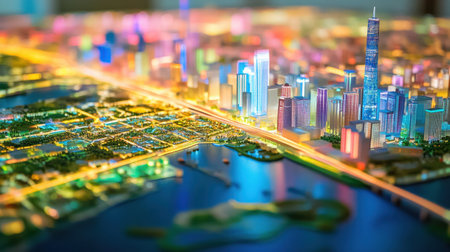 Technical city blueprint focusing on zoning for different sectors like residential, commercial, and transportation networks, complemented by designated green spacesの素材